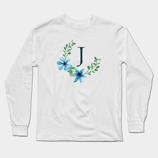 Floral Monogram J Pretty Blue Flowers Long Sleeve T-Shirt by floralmonogram